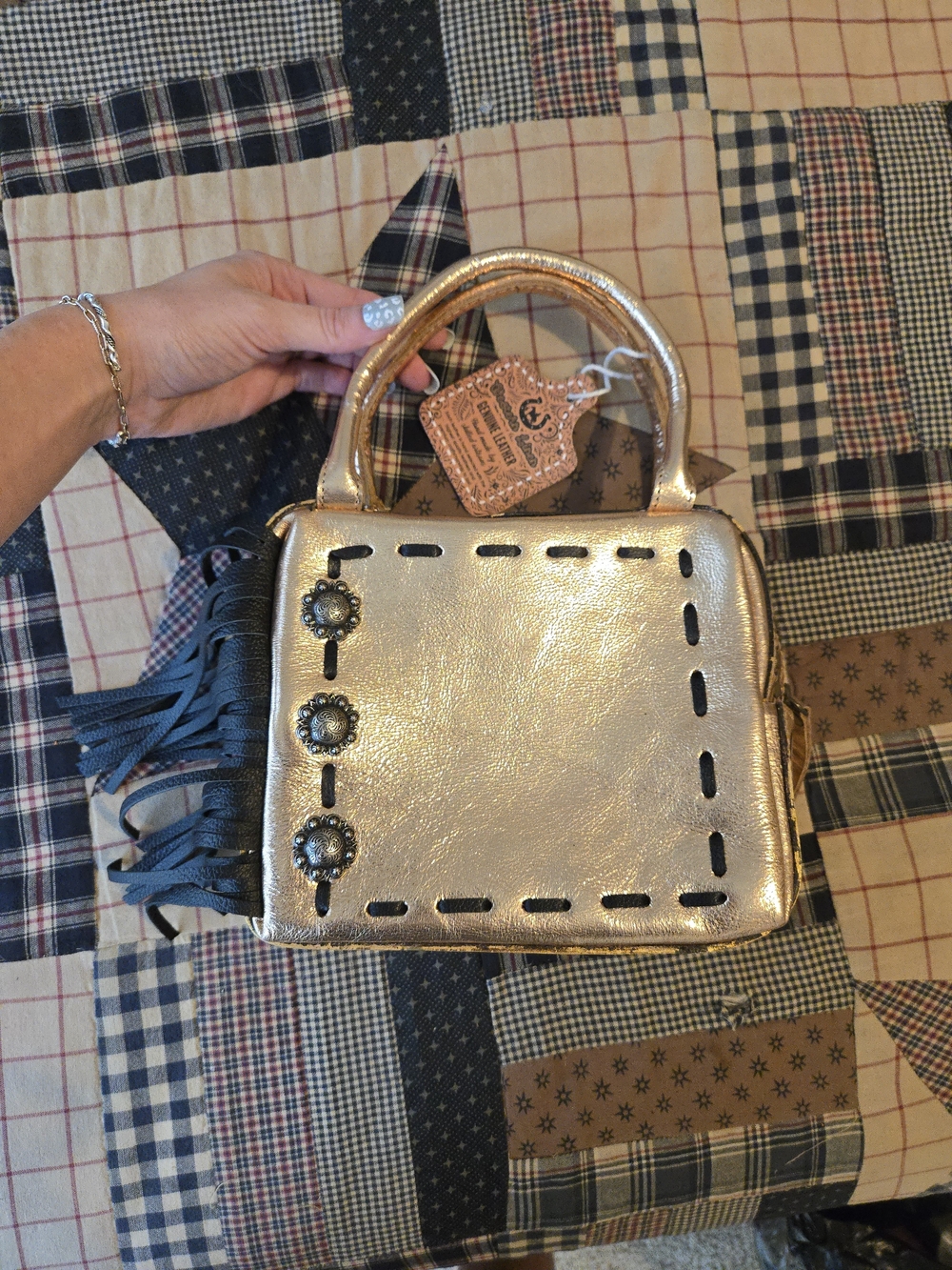 Leather & Tooled Cosmetic Bag Metallic Gold